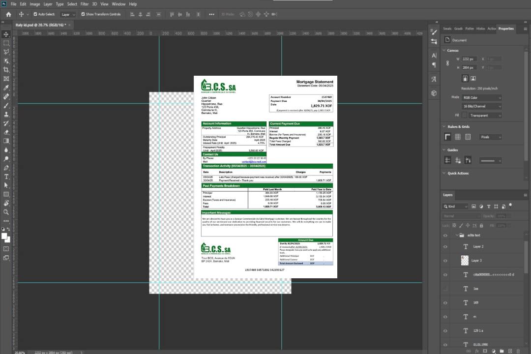 Modèle Word et PDF de relevé hypothécaire de la Banque Commerciale du Sahel (BCS) du Mali template